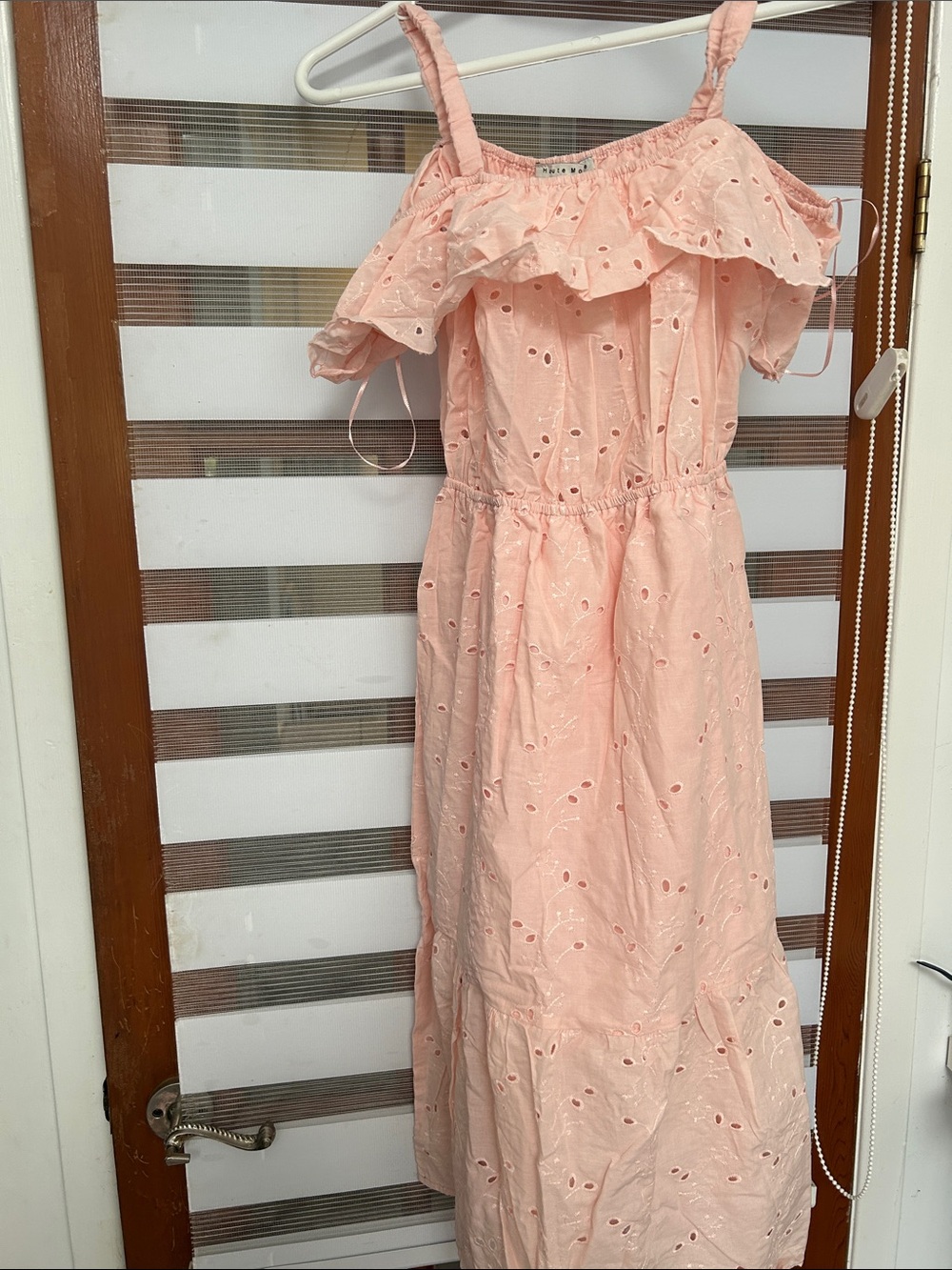 Haute Monde Blush Pink Eyelet Off-Shoulder Midi Dress